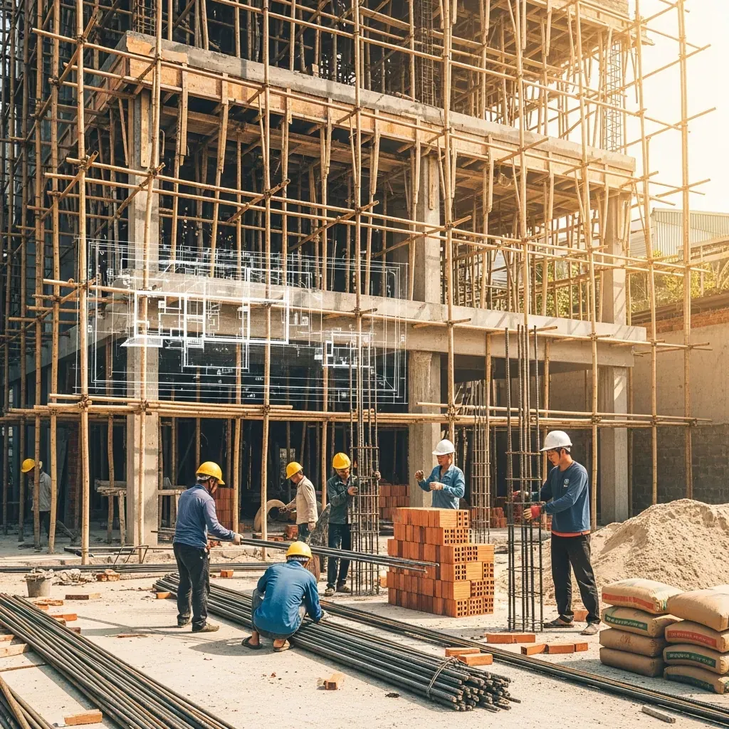 Ngôi nhà ống đang xây dựng tại TP.HCM với giàn giáo và công nhân, thể hiện chi phí xây dựng.