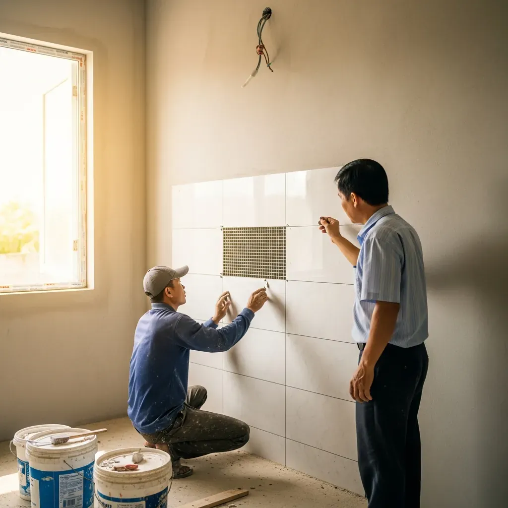 Thợ ốp gạch và chủ nhà kiểm tra độ ộp trong giai đoạn hoàn thiện nhà.