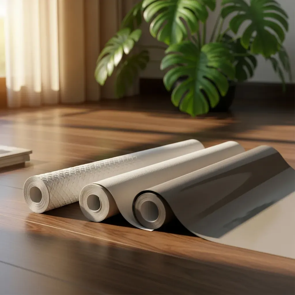 Ba cuộn giấy dán tường mẫu: vinyl, vải không dệt, và decal, đặt trên sàn gỗ