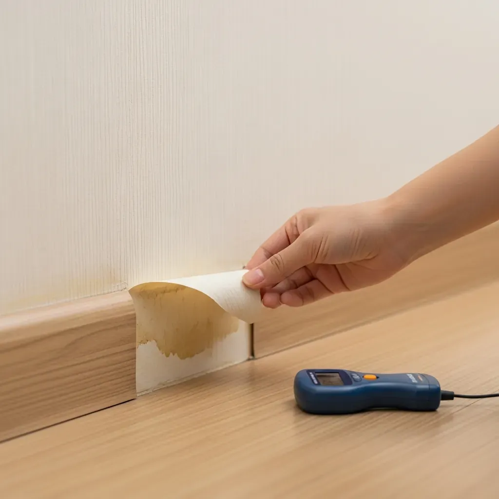 Bàn tay nhẹ nhàng kiểm tra mép giấy dán tường bị bong do ẩm