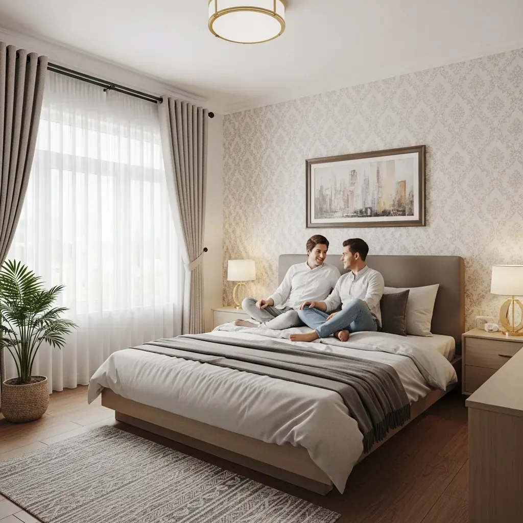 Cặp đôi thư giãn trong phòng ngủ đã hoàn thiện với giấy dán tường sang trọng