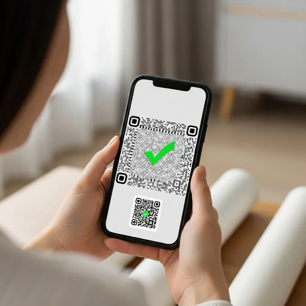 Điện thoại quét mã QR trên cuộn giấy dán tường để kiểm tra xuất xứ