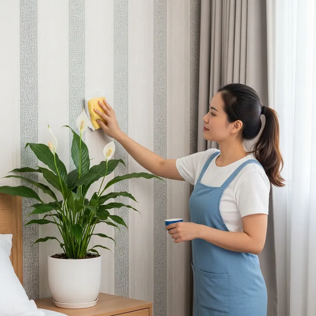 Người phụ nữ lau giấy dán tường vinyl bằng miếng bọt biển ẩm