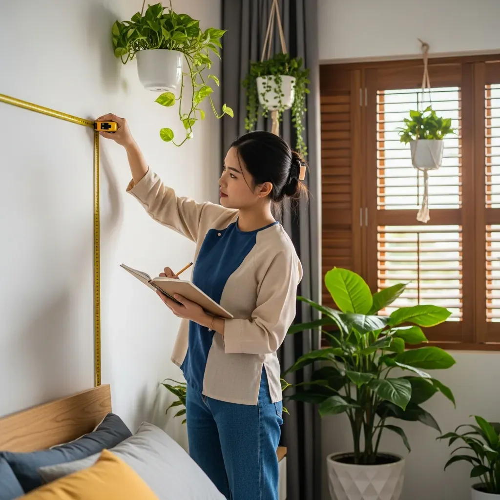 Người phụ nữ Việt đang đo tường phòng ngủ bằng thước dây để chuẩn bị dán giấy