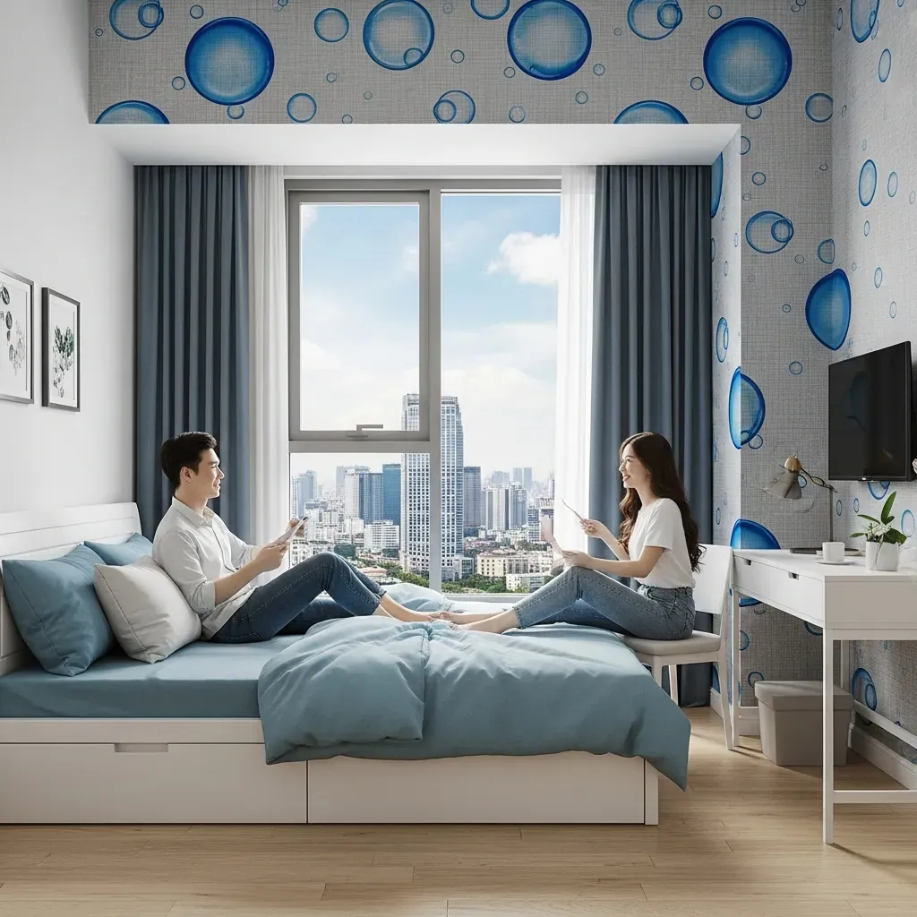 Phòng ngủ căn hộ Landmark 81 với giấy dán tường decal họa tiết bong bóng xanh