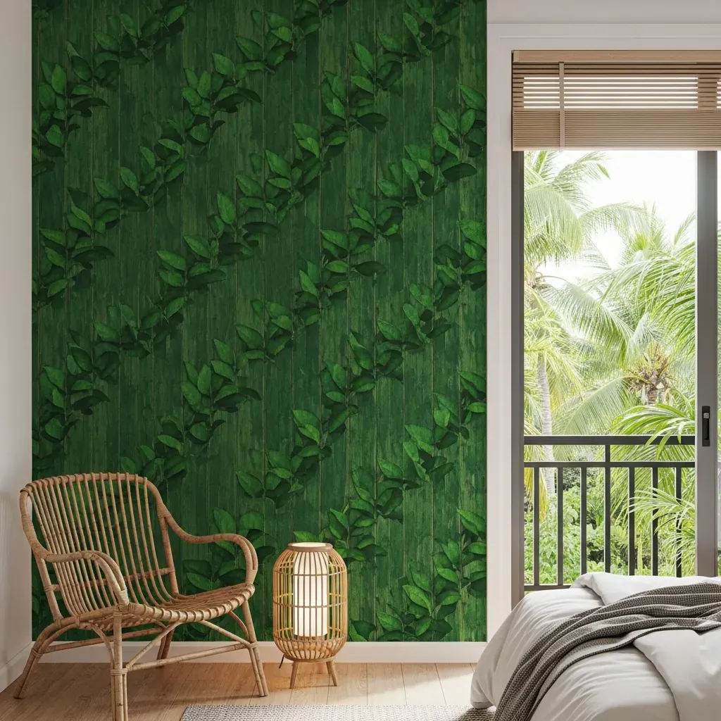 Phòng ngủ phong cách Biophilic với giấy dán tường họa tiết lá xanh
