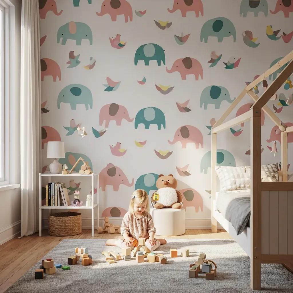 Phòng trẻ em với giấy dán tường hình động vật màu pastel an toàn