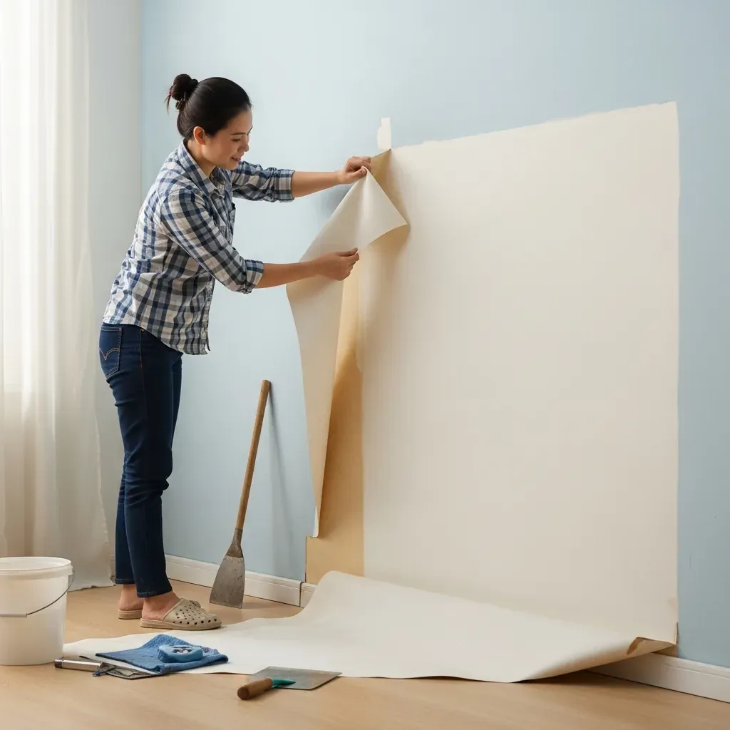 Tháo giấy dán tường vải không dệt, bức tường bên dưới còn nguyên vẹn