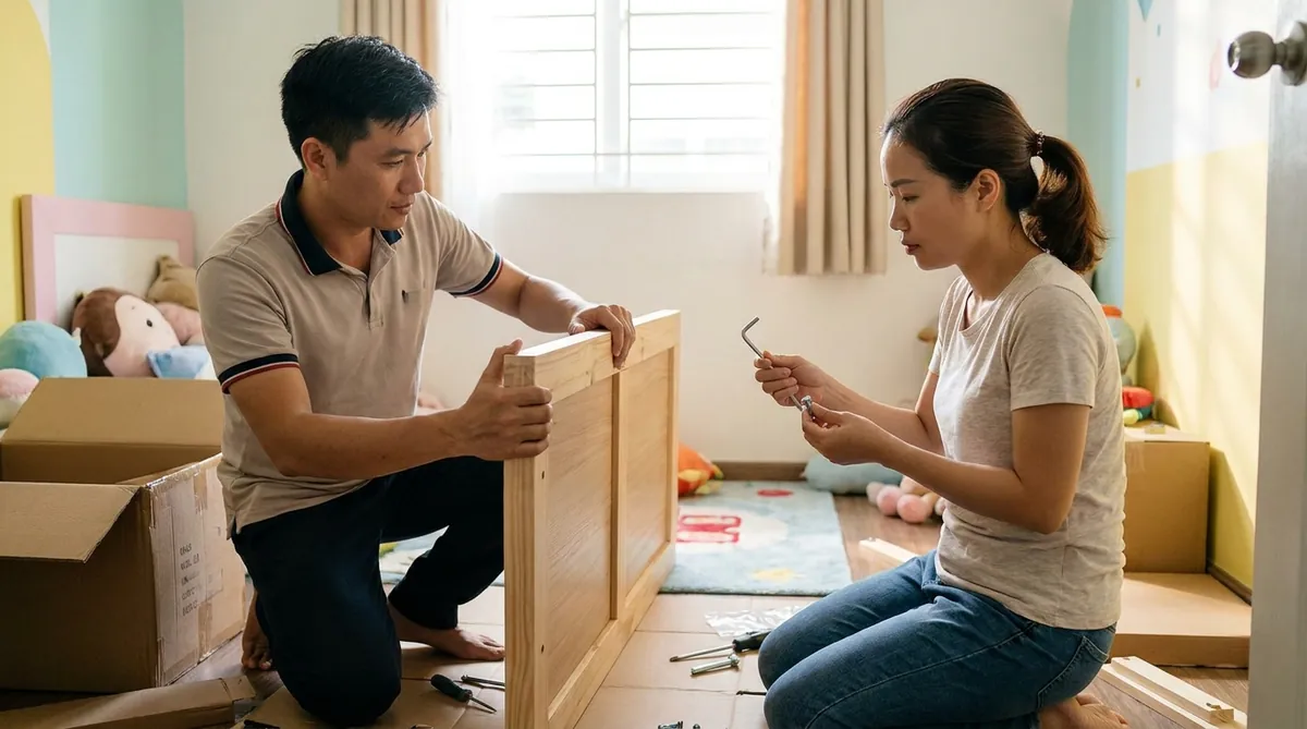 Hai vợ chồng người Việt Nam đang hợp tác cùng nhau lắp ráp một chiếc giường tầng mới cho con.