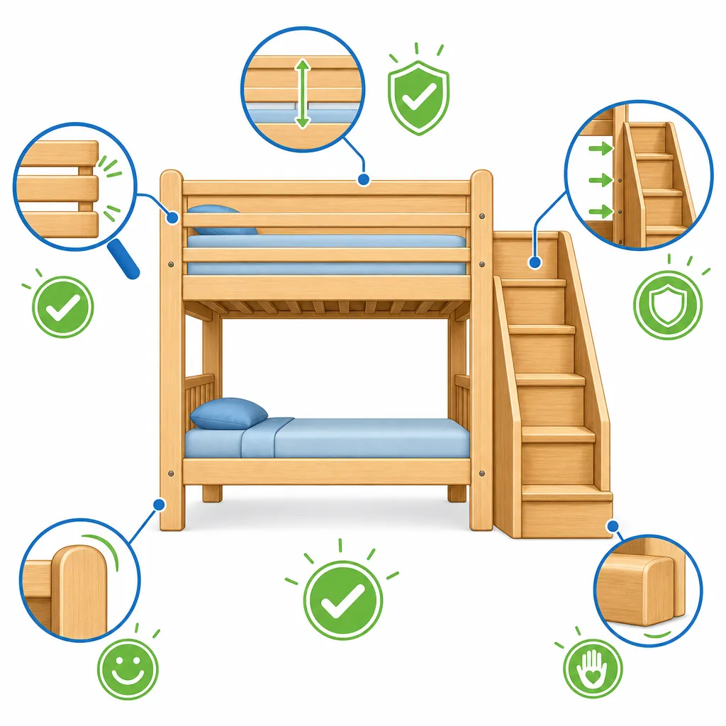 Hình ảnh minh họa các tiêu chuẩn an toàn quan trọng của giường tầng như lan can cao, khe hở hẹp và góc bo tròn.