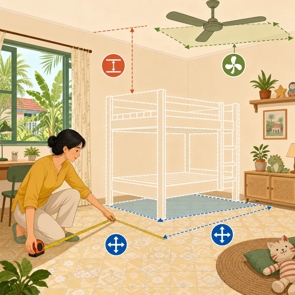 Minh họa một phụ huynh đang đo đạc cẩn thận phòng ngủ của trẻ trước khi mua giường tầng.