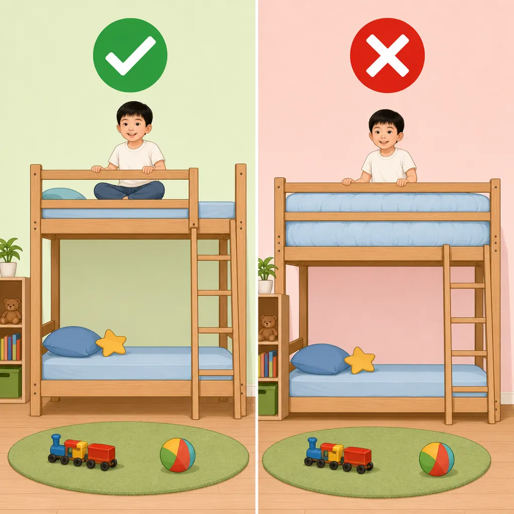 Minh họa sai lầm khi chọn nệm quá dày cho giường tầng, làm giảm chiều cao hiệu quả của thanh chắn an toàn.