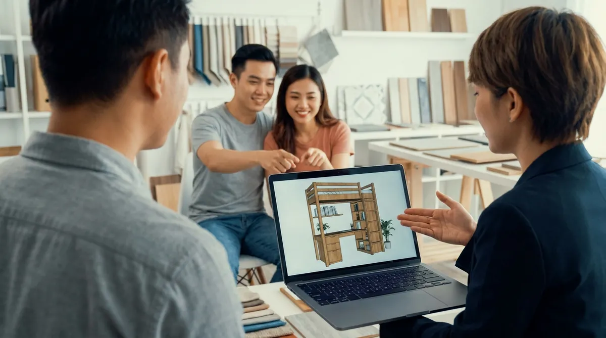 Một cặp vợ chồng người Việt đang xem bản thiết kế 3D của một chiếc giường tầng đặt đóng riêng trên máy tính.