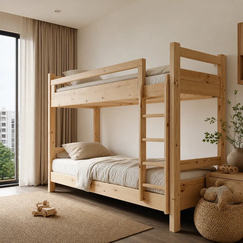 Một chiếc giường tầng bằng gỗ thông tự nhiên với thiết kế tối giản, vững chãi trong một phòng ngủ sáng sủa.