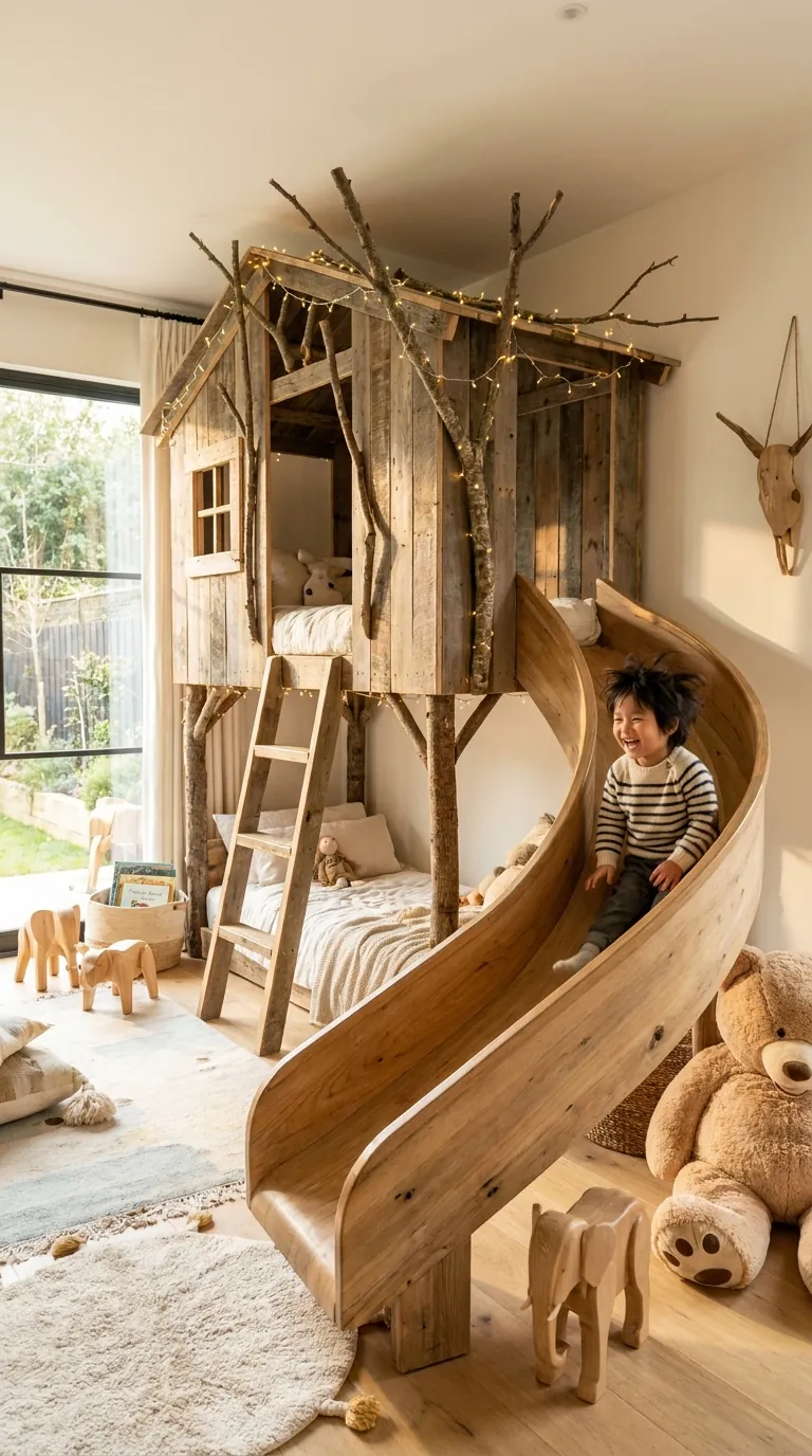 Một mẫu giường tầng trẻ em cao cấp với thiết kế hình ngôi nhà trên cây và có cầu trượt tích hợp.