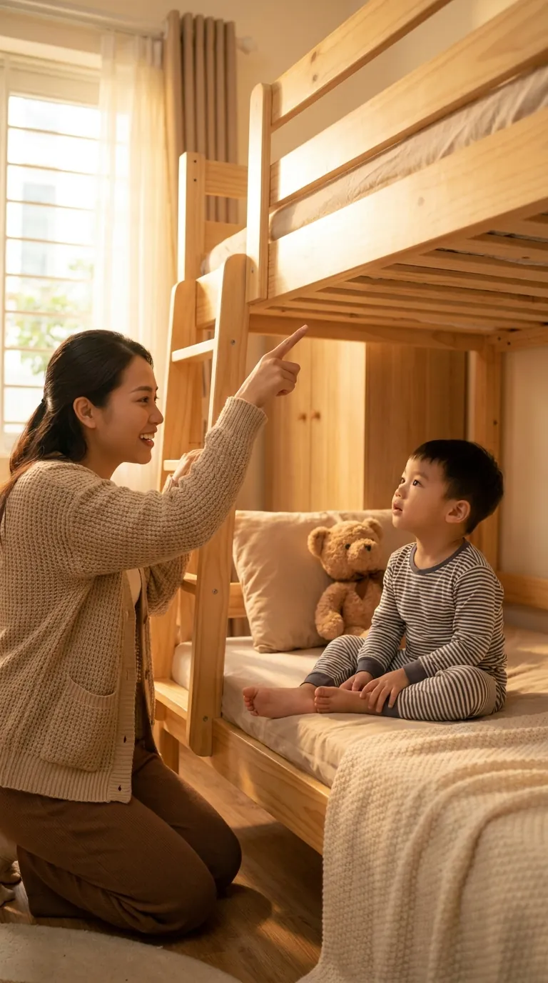 Một người mẹ Việt Nam đang nhẹ nhàng dặn dò con trai về các quy tắc an toàn khi sử dụng giường tầng.