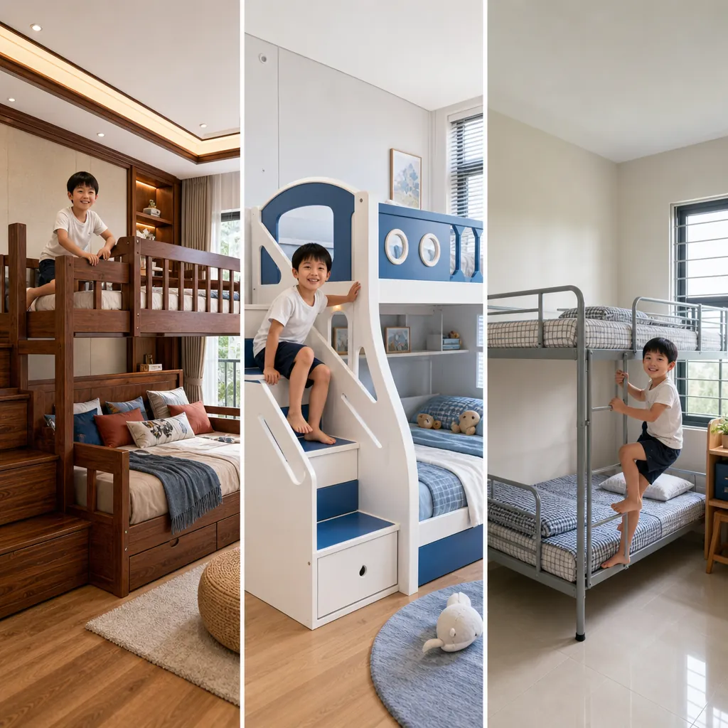 So sánh ba loại giường tầng làm từ gỗ tự nhiên sang trọng, gỗ công nghiệp hiện đại và sắt tiện dụng.