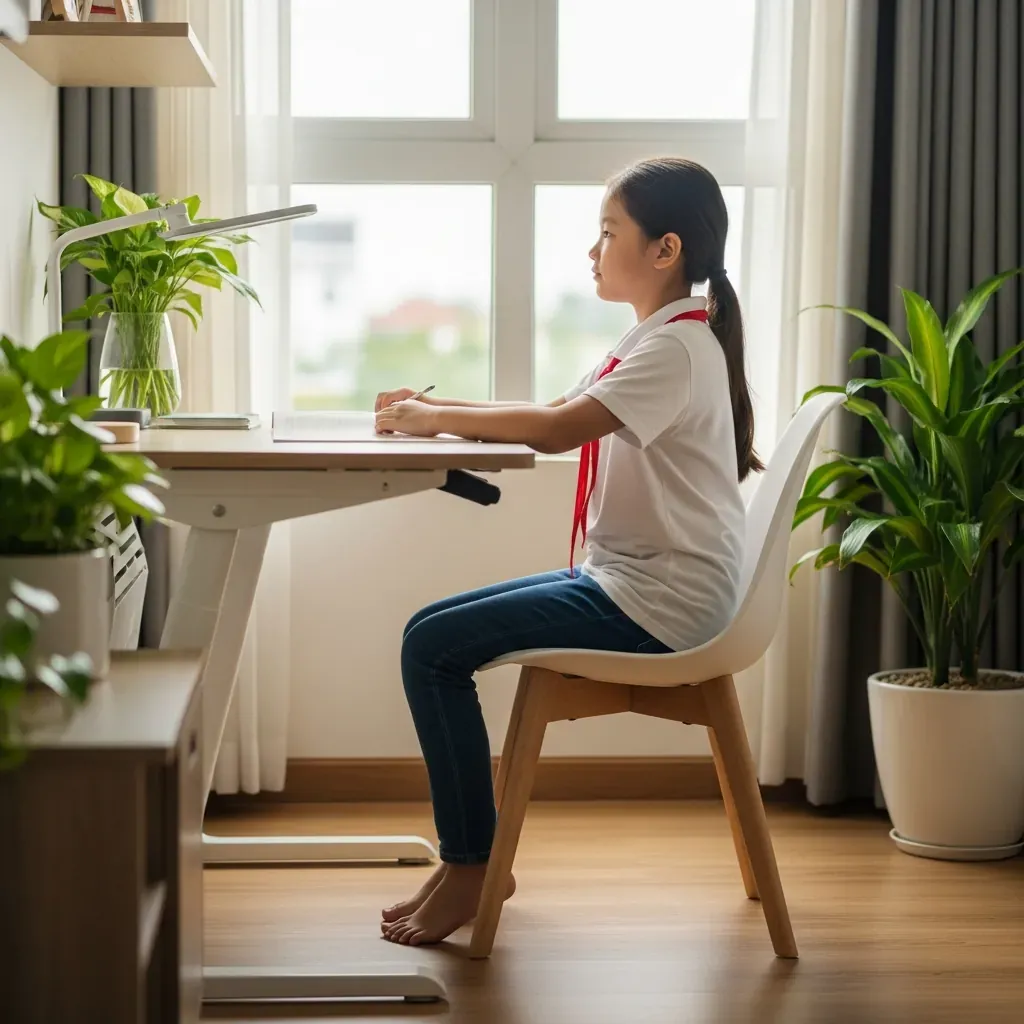 Bé Việt Nam ngồi đúng tư thế tại góc học tập công thái học trong căn hộ hiện đại