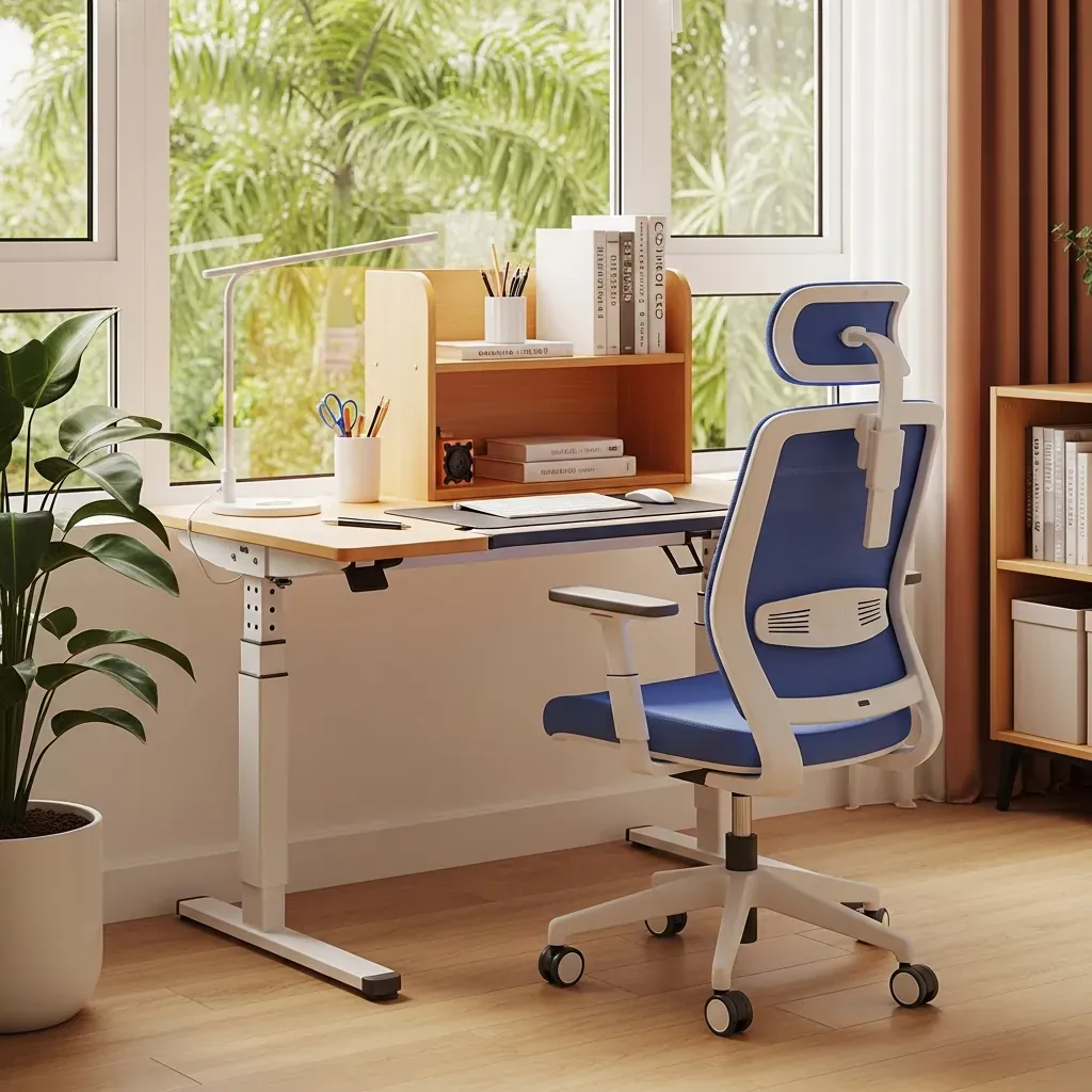 Bốn món thiết yếu của góc học tập: bàn, ghế, đèn LED và kệ mini