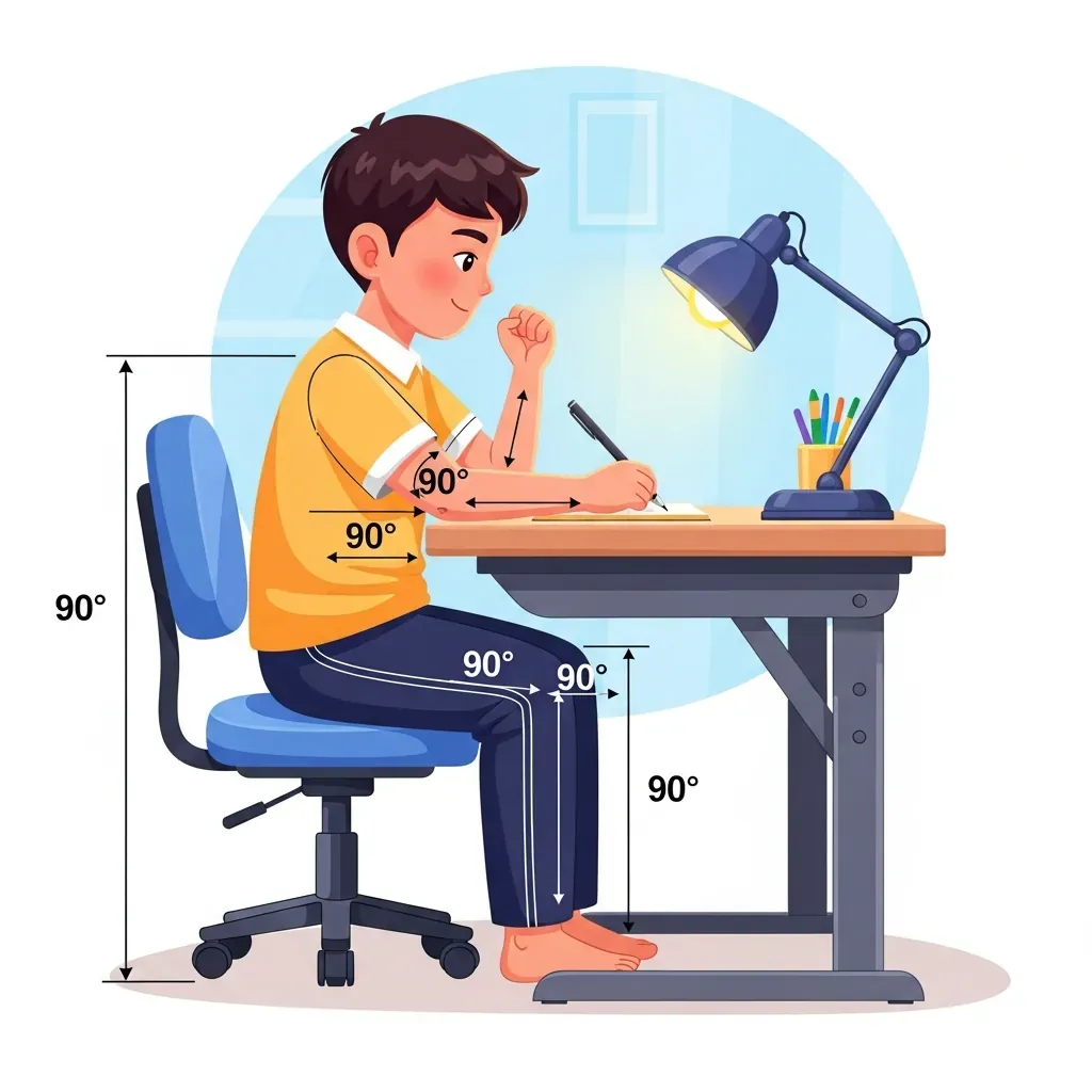 Sơ đồ thông số công thái học theo chiều cao của con với góc khuỷu và đầu gối 90 độ