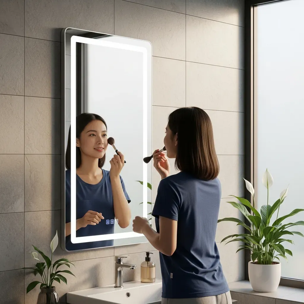 Gương LED hình chữ nhật trong phòng tắm hiện đại với ánh sáng trung thực.