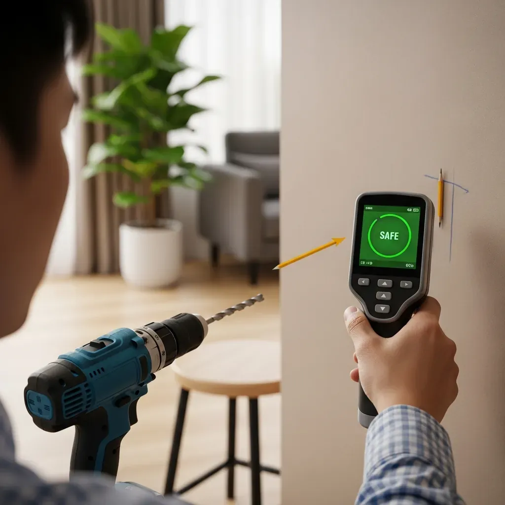 Máy dò tường kỹ thuật số kiểm tra đường dây trước khi khoan.