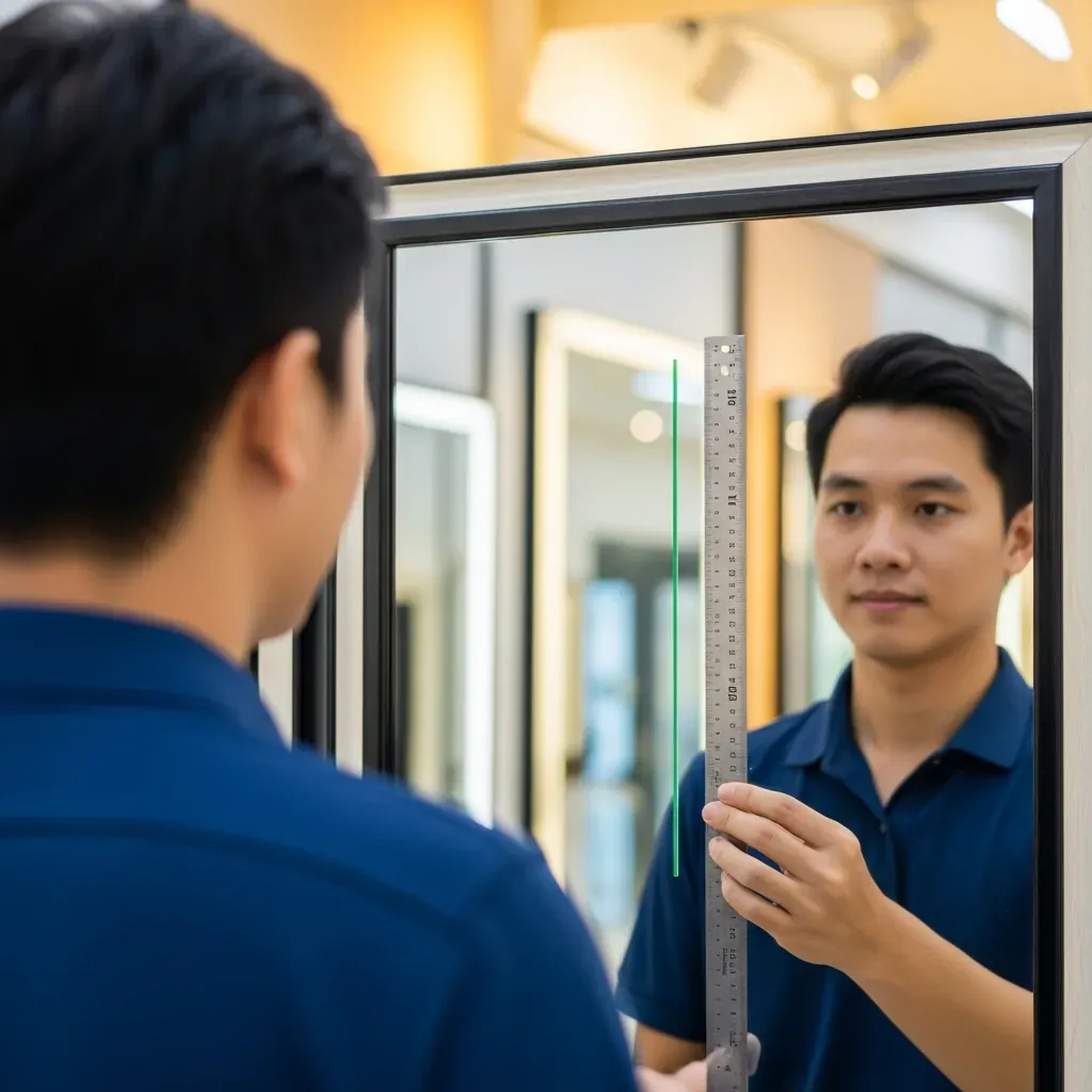 Người đàn ông dùng thước kim loại kiểm tra độ phẳng của gương.