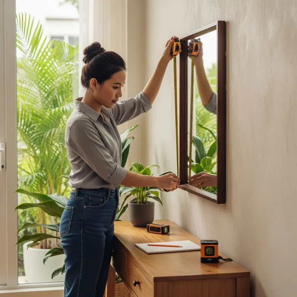 Người phụ nữ đo khoảng cách tường để chọn gương phù hợp
