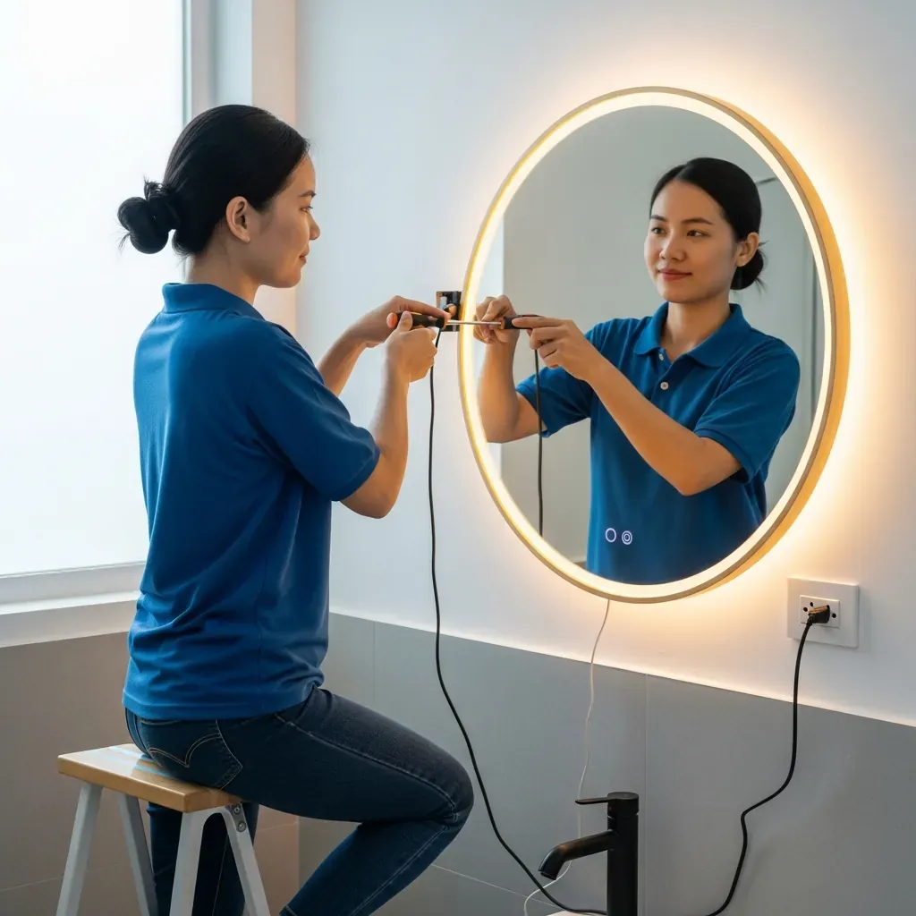 Người phụ nữ tự lắp đặt gương LED tròn trong phòng tắm.