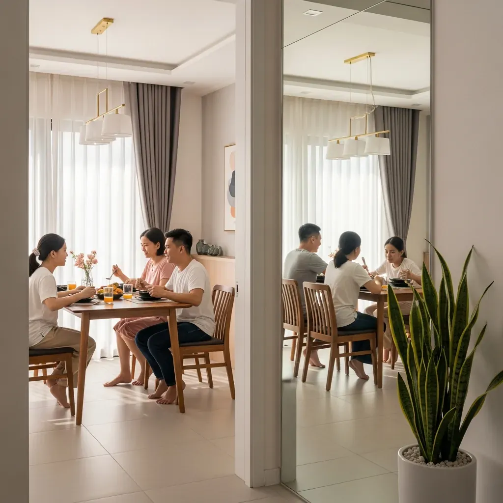 Phòng ăn căn hộ Việt Nam với vách gương lớn tạo cảm giác rộng gấp đôi.