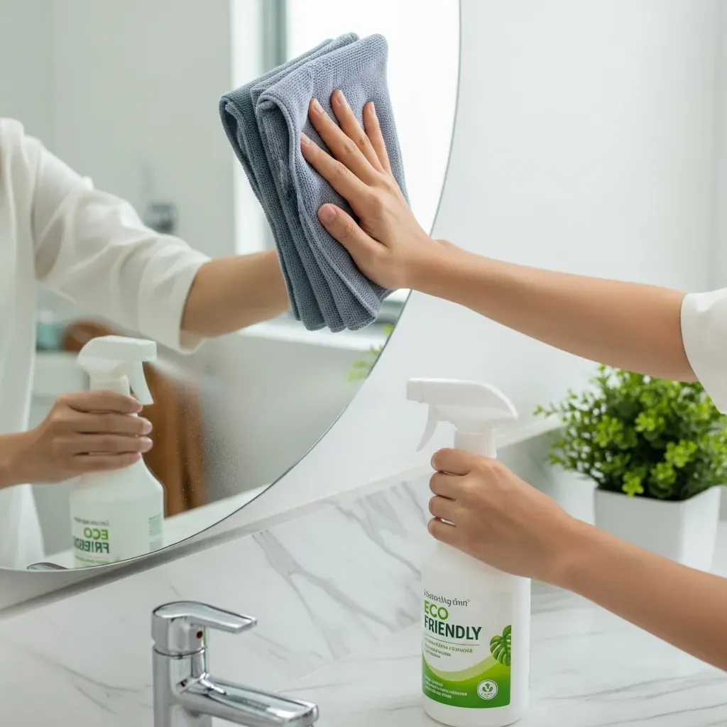 Tay lau gương bằng khăn microfiber, dung dịch không xịt trực tiếp.