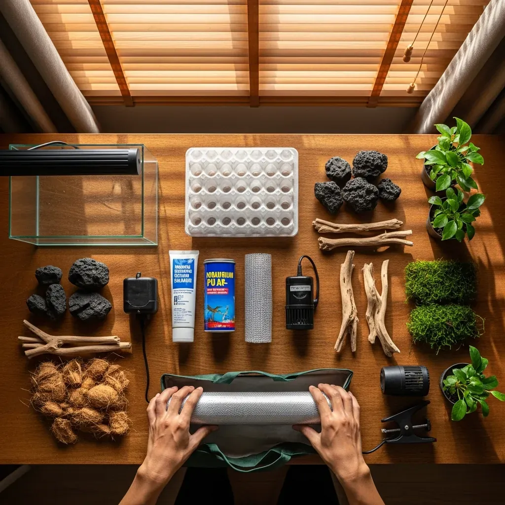 Bàn chuẩn bị vật liệu làm hồ bán cạn với đầy đủ dụng cụ và cây trồng.