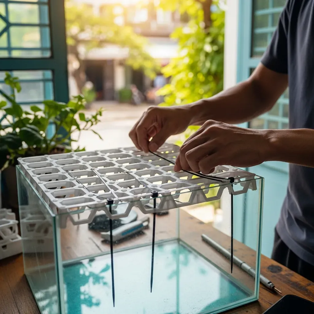 Đôi tay đang dùng dây rút ghép các tấm eggcrate làm khung đỡ trong hồ kính.