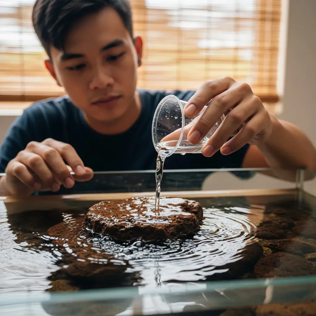 Đôi tay tỉ mỉ châm nước nhẹ nhàng lên một tảng đá trong hồ.