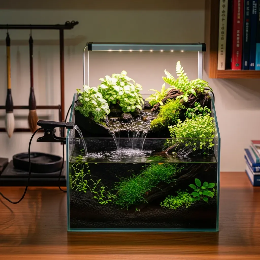 Hồ bán cạn mini đã hoàn thiện với thác nước và cây xanh tươi trên bàn làm việc.