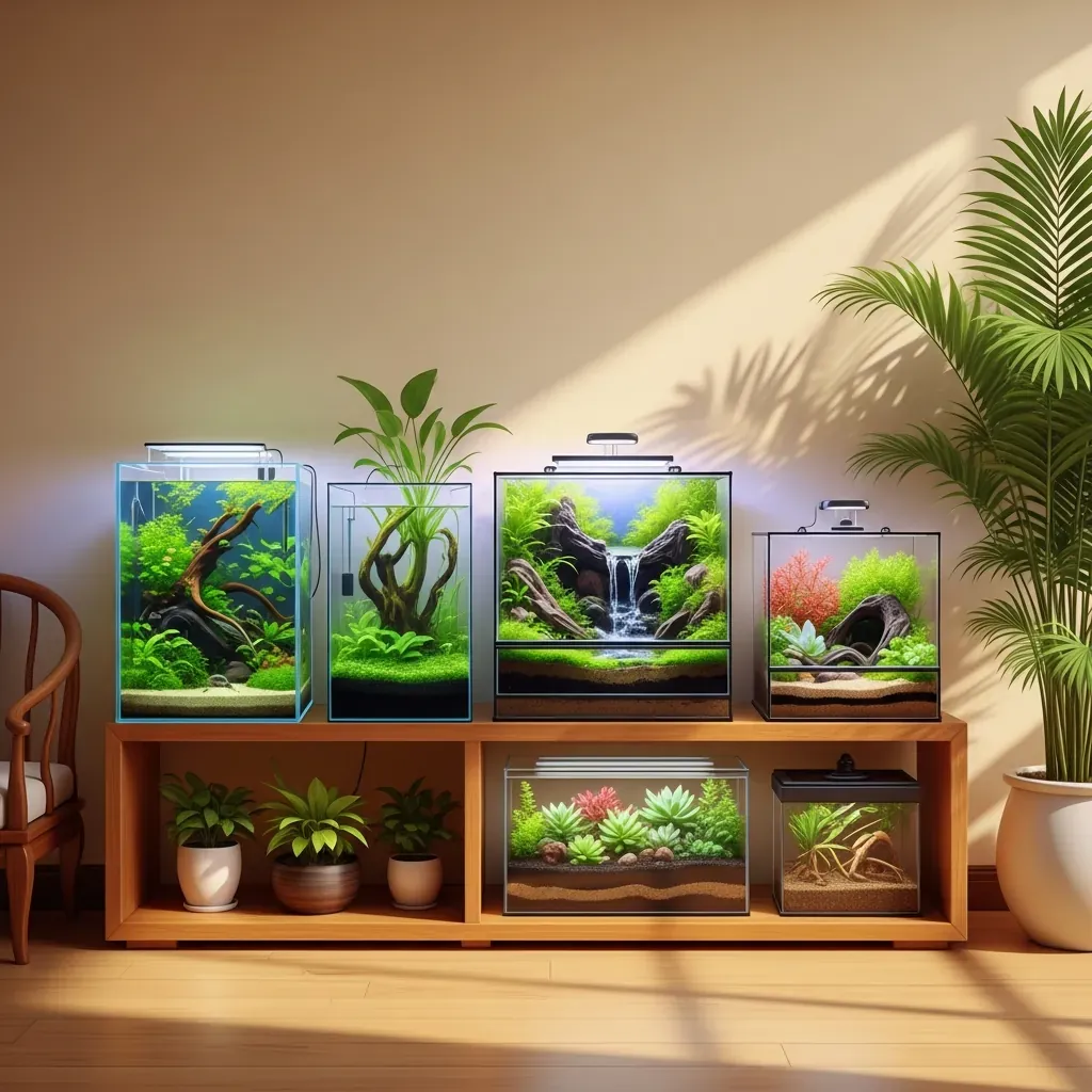 Năm bể sinh thái tí hon được đặt trên kệ gỗ trong phòng khách kiểu Việt.
