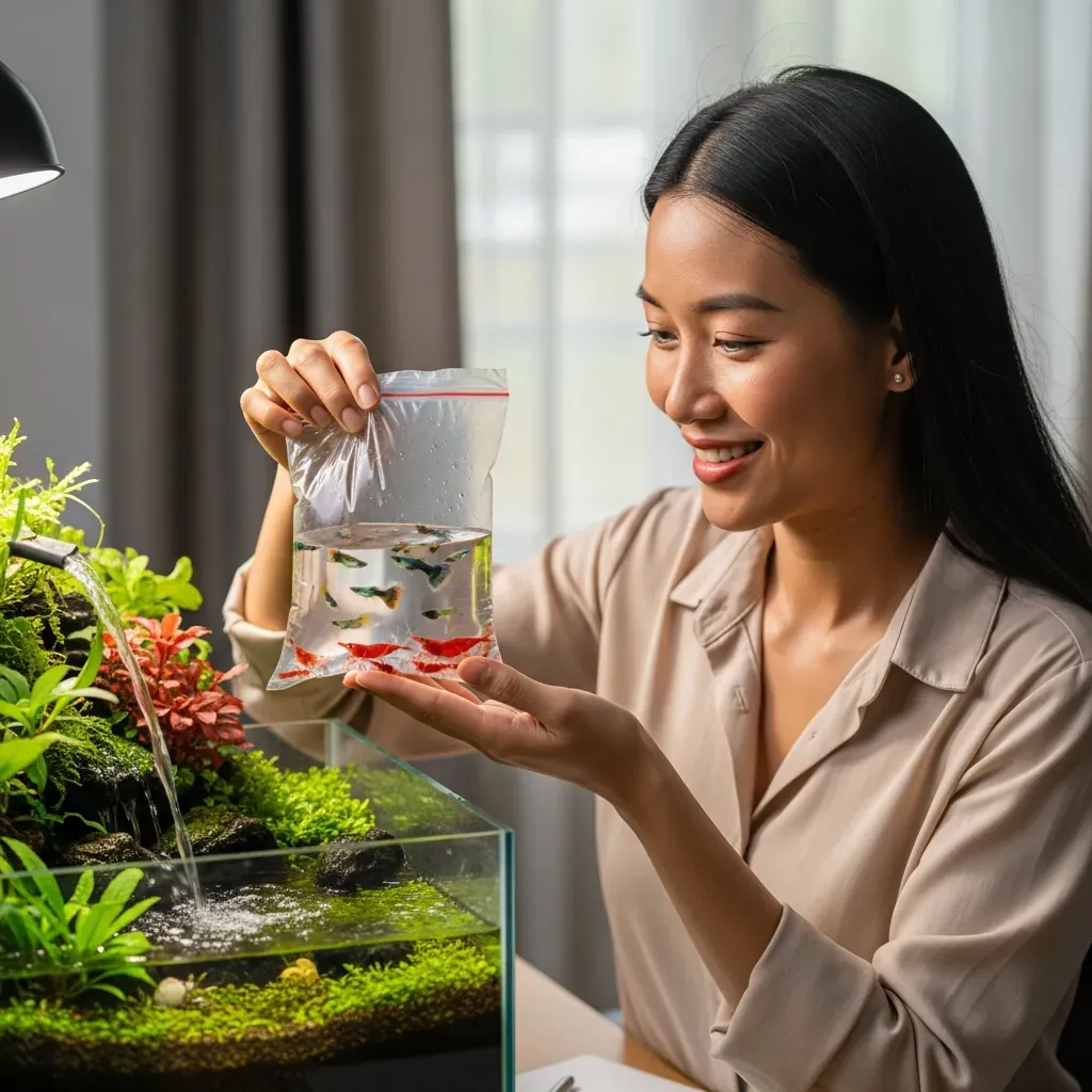 Người phụ nữ Việt đang thả nổi túi cá trong hồ bán cạn để cân bằng nhiệt độ.
