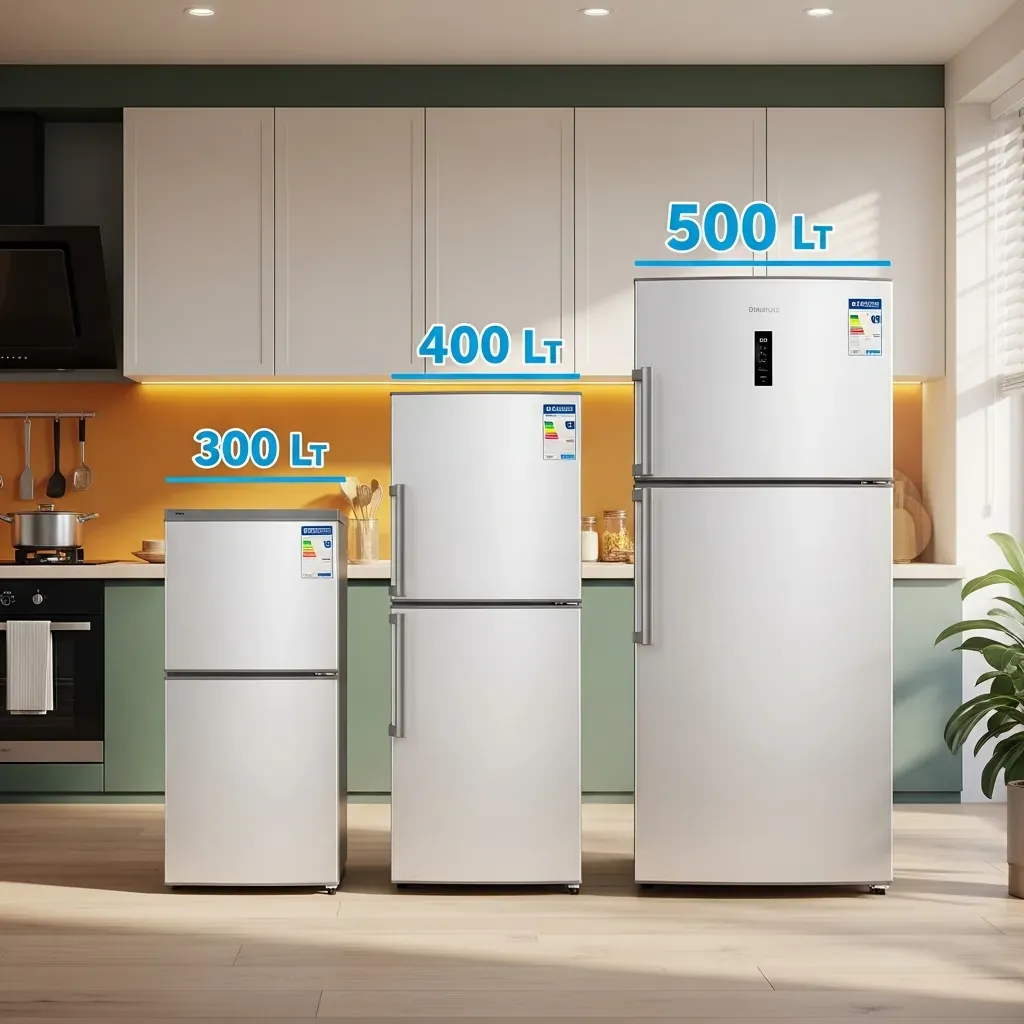 Ba tủ lạnh 2 cánh từ nhỏ đến lớn theo ba phân khúc dung tích đặt cạnh nhau