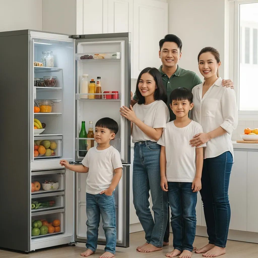 Gia đình Việt 4 người bên cạnh tủ lạnh đầy thực phẩm