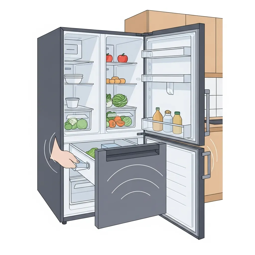 Tủ lạnh mở cánh 90 độ kéo ngăn rau quả ra ngoài