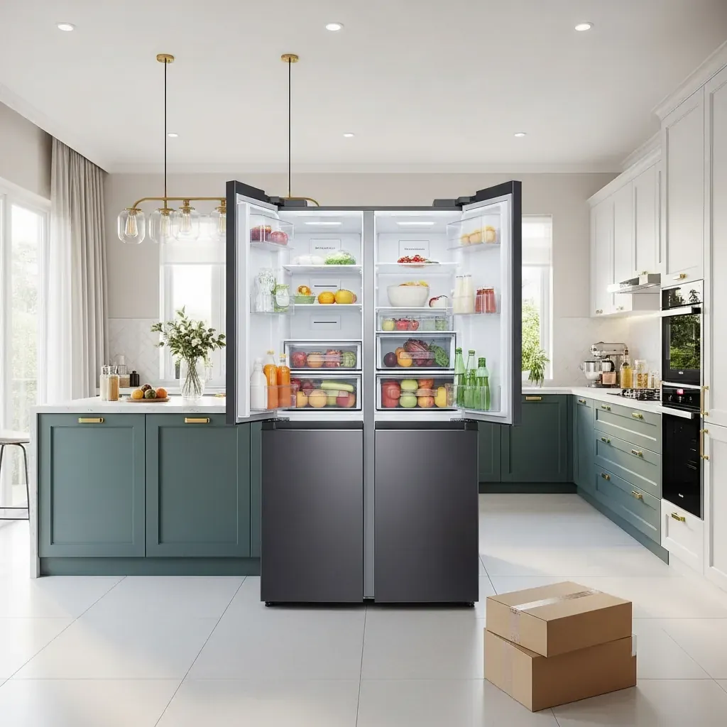 Tủ lạnh Side by Side đặt cạnh bàn đảo trong bếp rộng