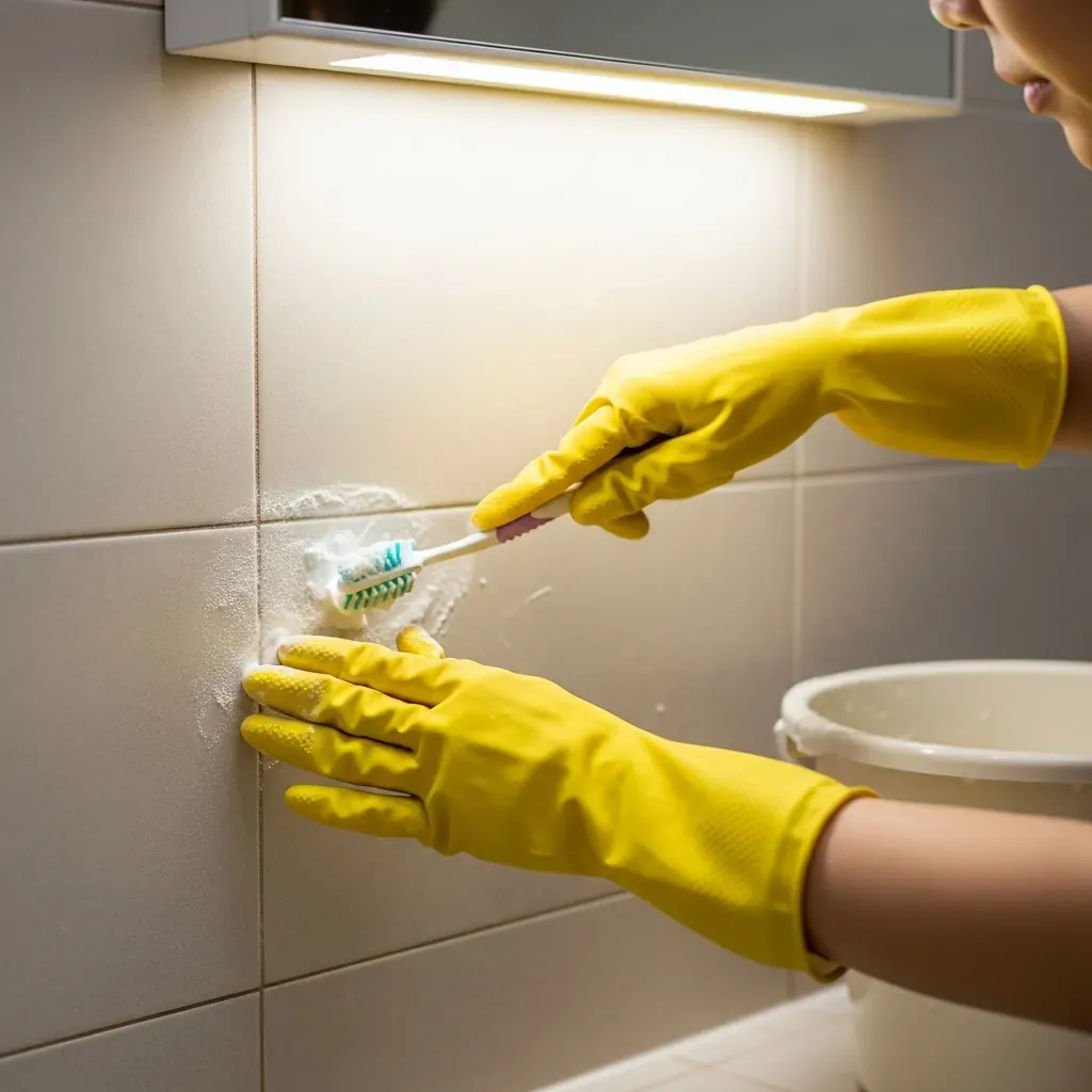Bàn tay đeo găng lau chùi đường ron gạch nhà vệ sinh bằng hỗn hợp baking soda và dấm trắng.