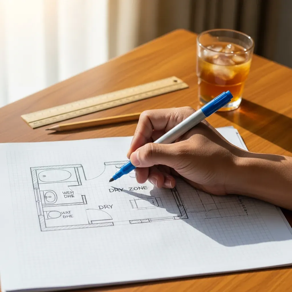 Bàn tay người Việt vẽ sơ đồ phân vùng ướt – khô lên giấy kẻ ô.