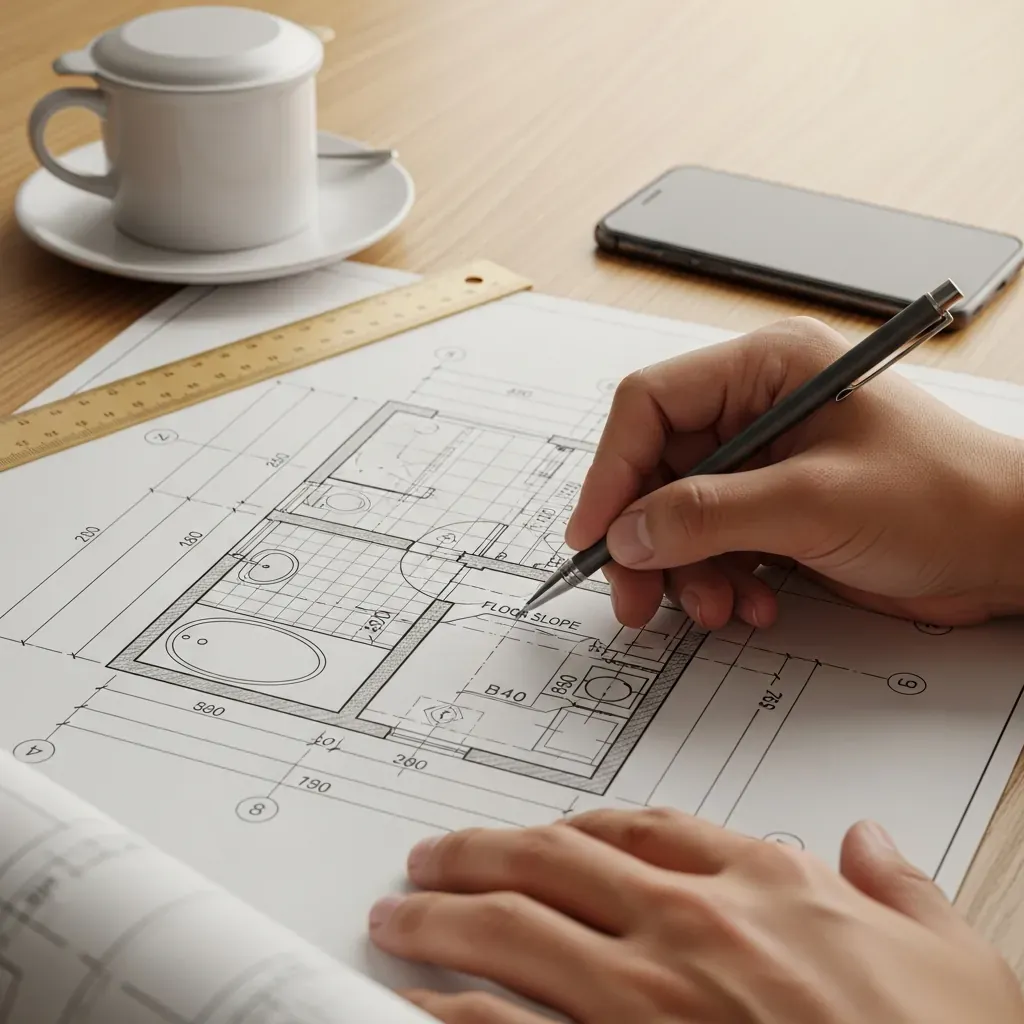 Bản vẽ kỹ thuật mặt bằng nhà vệ sinh với các đường kích thước, tay người chỉ vào chi tiết độ dốc.
