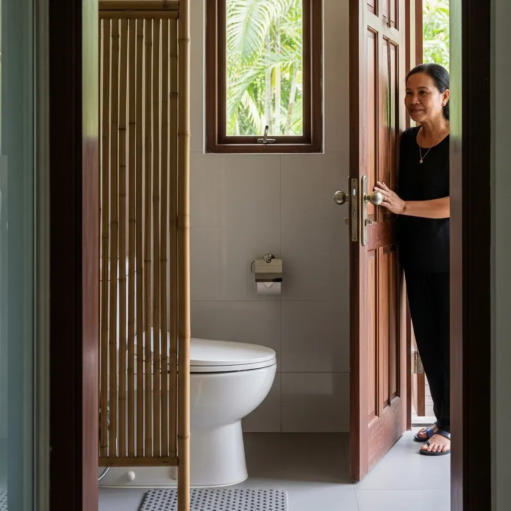 Bồn cầu đặt lệch hướng cửa chính và tấm bình phong tre nhẹ tạo sự riêng tư.
