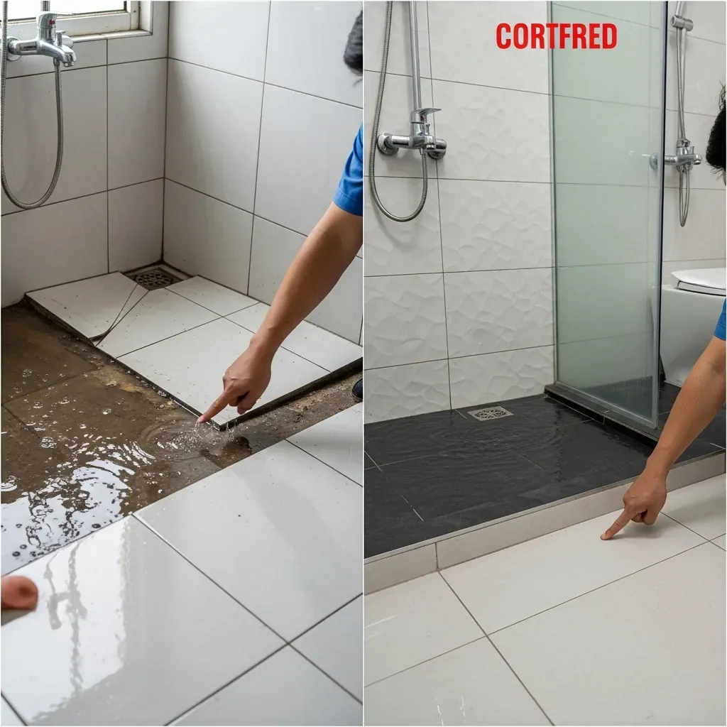 Hình ảnh so sánh lỗi đọng nước do sai dốc sàn và giải pháp đúng với gạch nhám và dốc chuẩn.