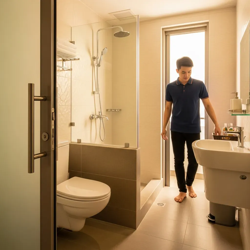 Nhà vệ sinh 2 m² tách ướt – khô bằng vách kính trong suốt, bồn cầu treo tường và lavabo góc.