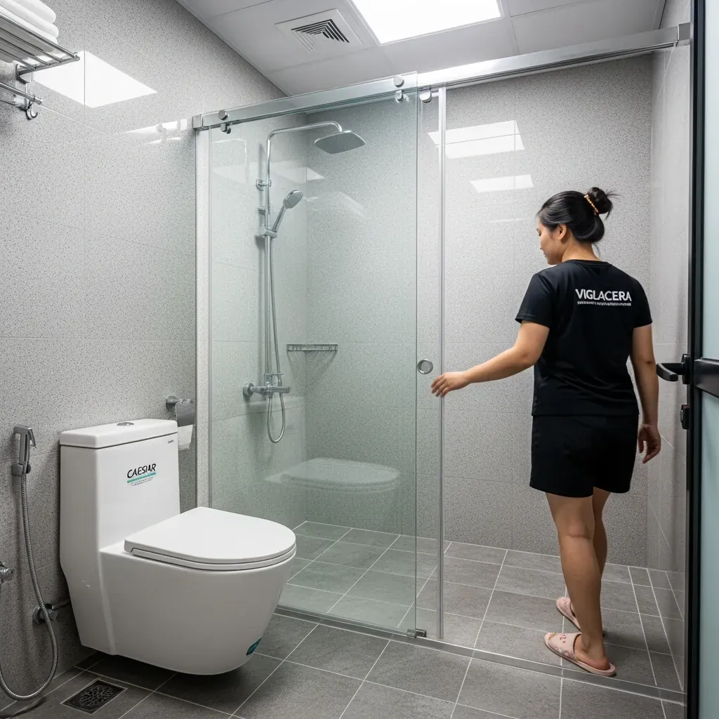 Nhà vệ sinh nhà ống hoàn thiện với vách kính lùa, bồn cầu treo tường và gạch nhám chống trượt.