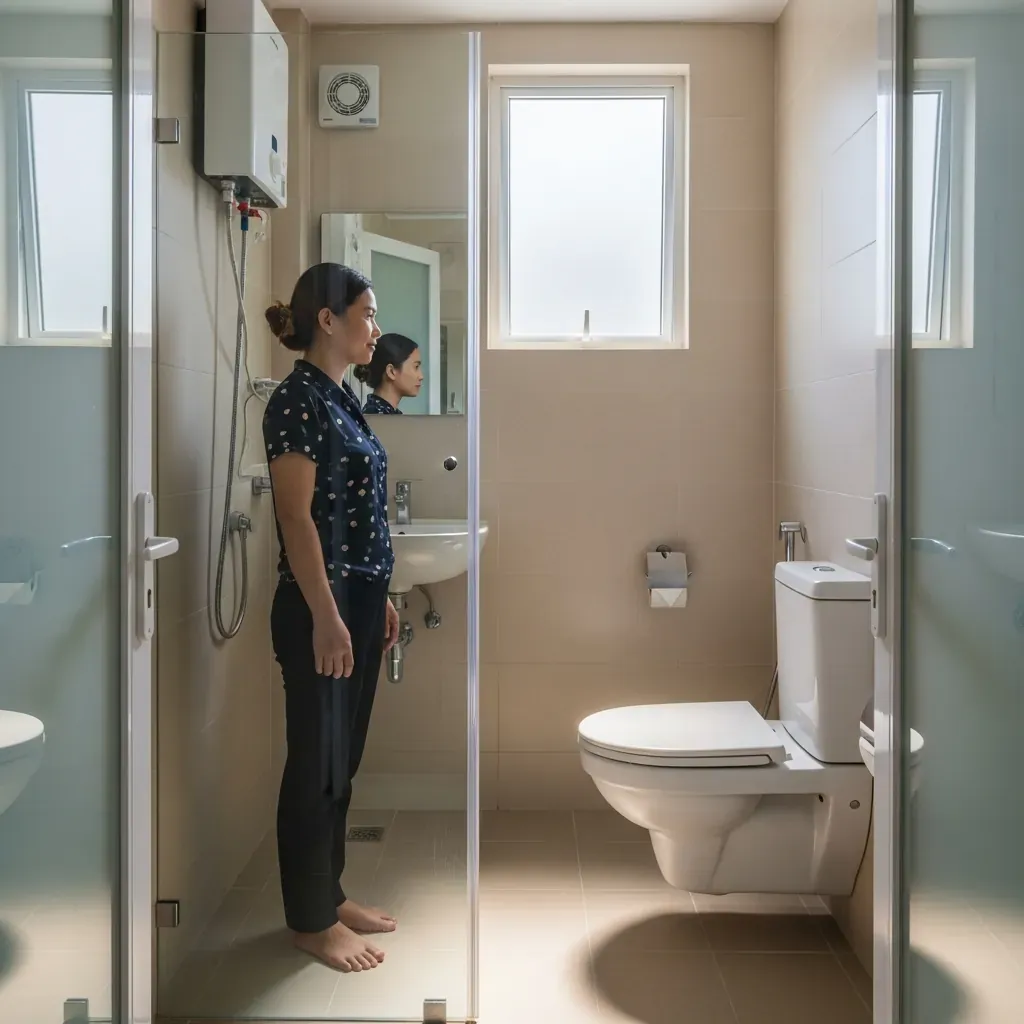 Phòng tắm nhỏ trong nhà ống Việt Nam có vách kính tách ướt – khô, lavabo và bồn cầu treo tường.