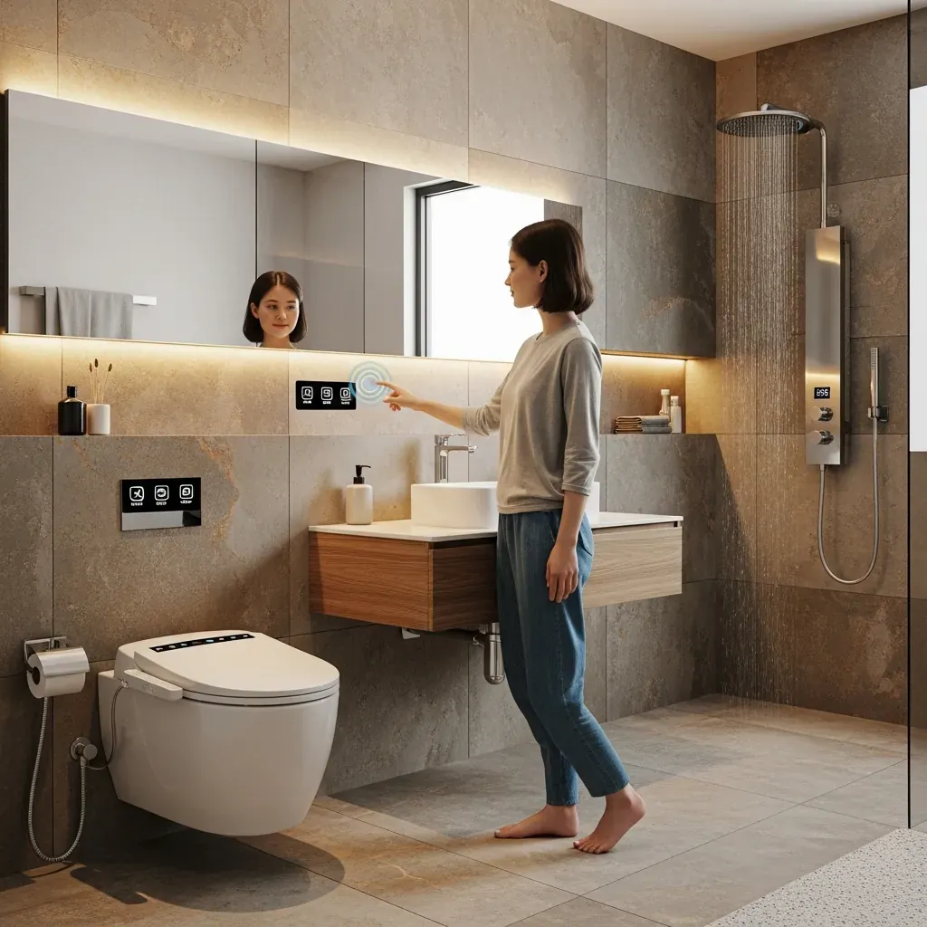 Phòng tắm thông minh tại căn hộ cao cấp Việt Nam với bồn cầu treo tường điều khiển cảm ứng và sen tắm nhiệt.